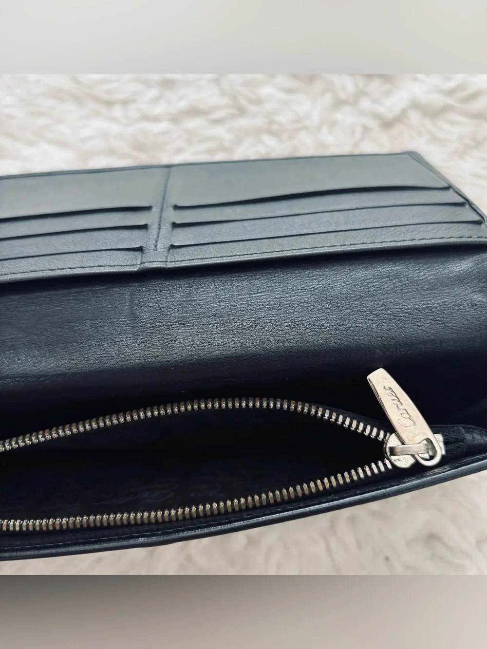 Cartier 2C Embossed Logo Vintage Black Leather Long Wallet